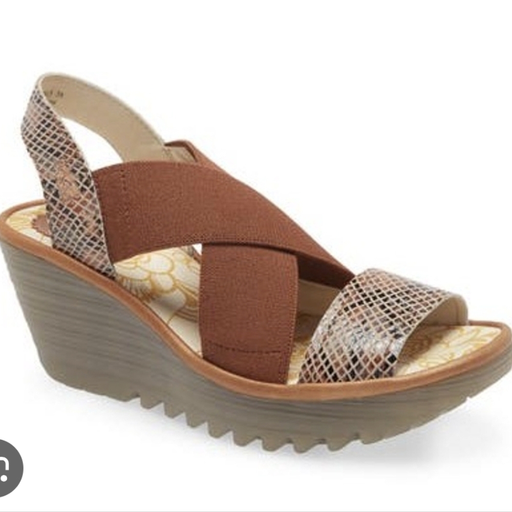 Fly London Brown and Tan Wedge Sandals